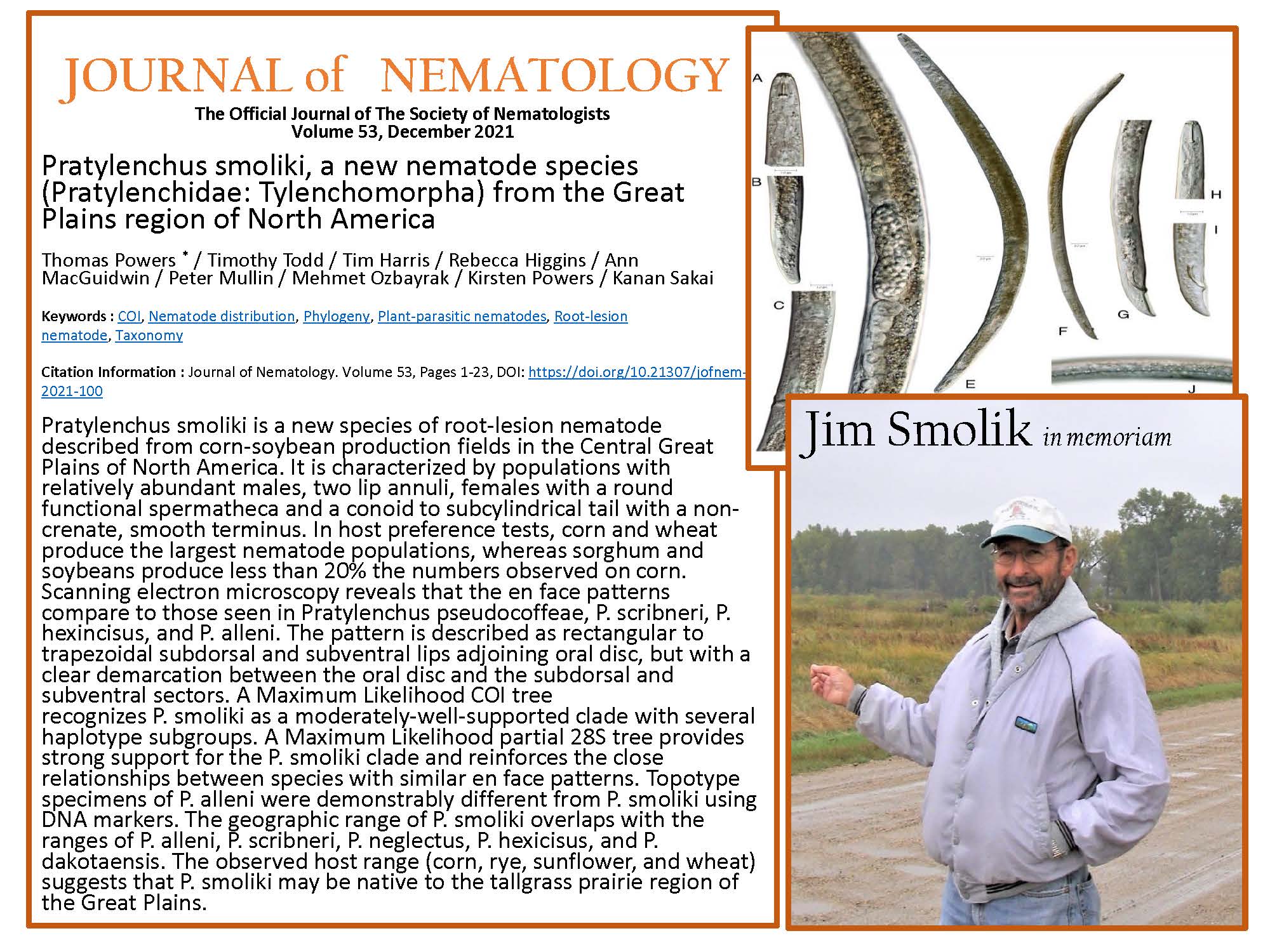Collage photo with abstract of Powers' paper, photo of Pratylenchus smoliki, and photo of the late Jim Smolik