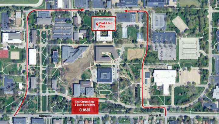 Map of East Campus showing road closure at East Campus Loop and Dairy Store Drive