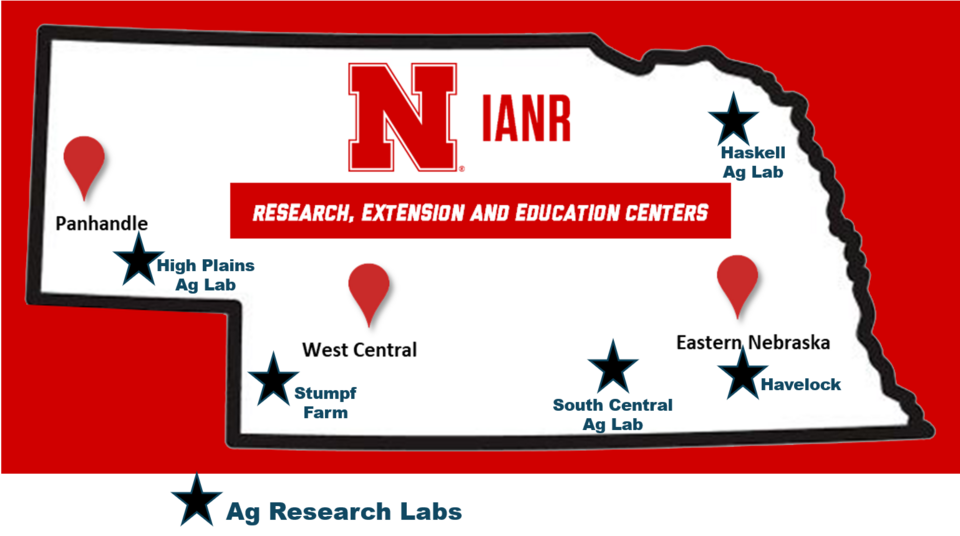 A simple map of Nebraska with the locations of our Research and Extension Centers starred