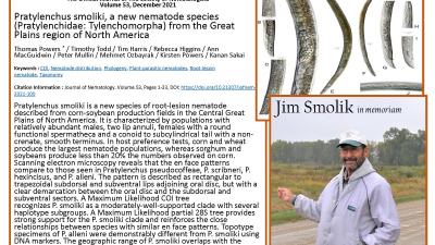 Collage photo with abstract of Powers' paper, photo of Pratylenchus smoliki, and photo of the late Jim Smolik